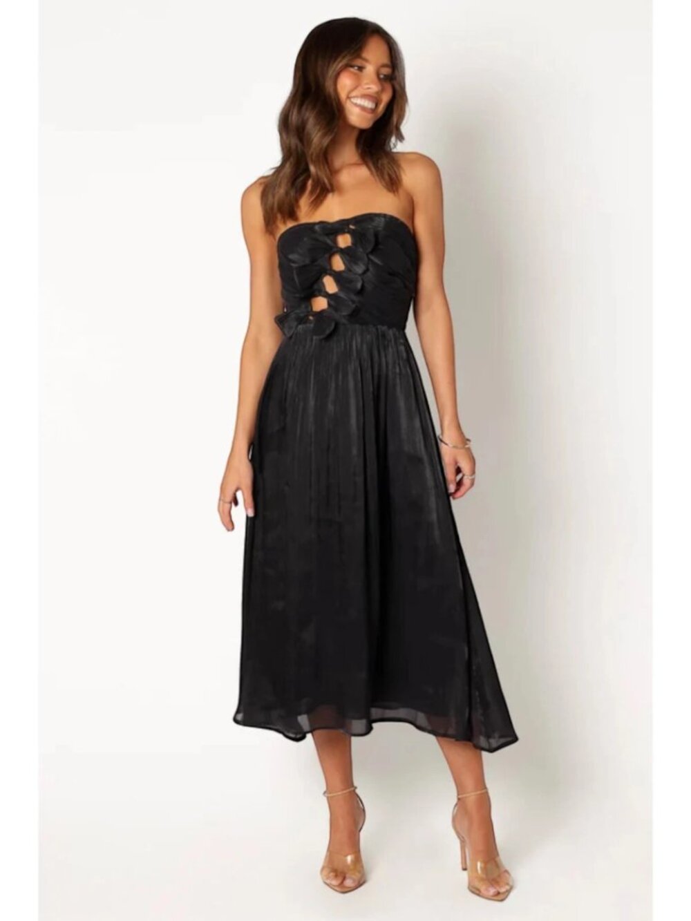 Petal & Pup Mila Strapless Midi Dress M Black Bow Cutout NWOT